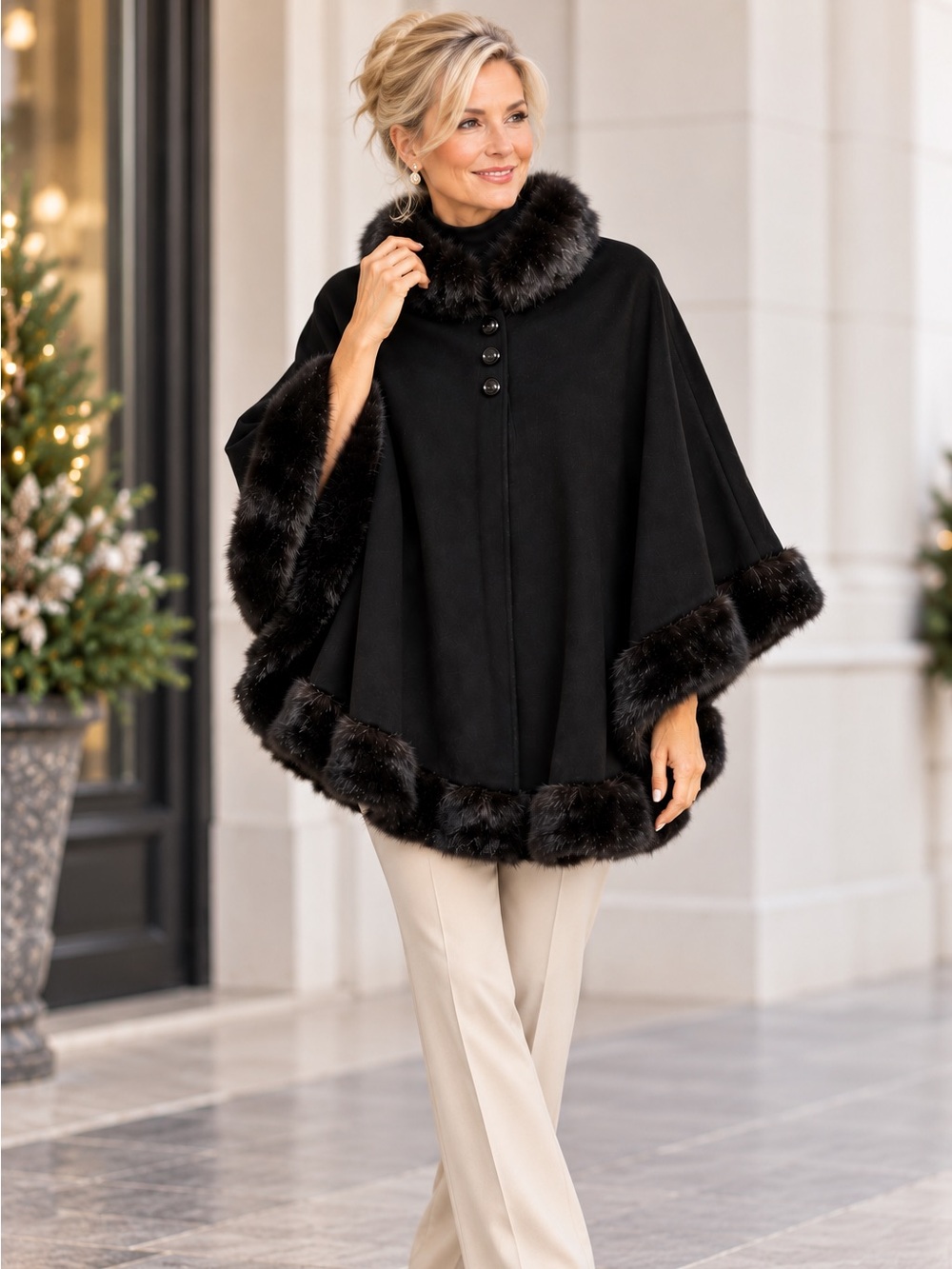 Dennis Basso Cape/Poncho Size OSFA Black Wool Cashmere Faux Fur Trim